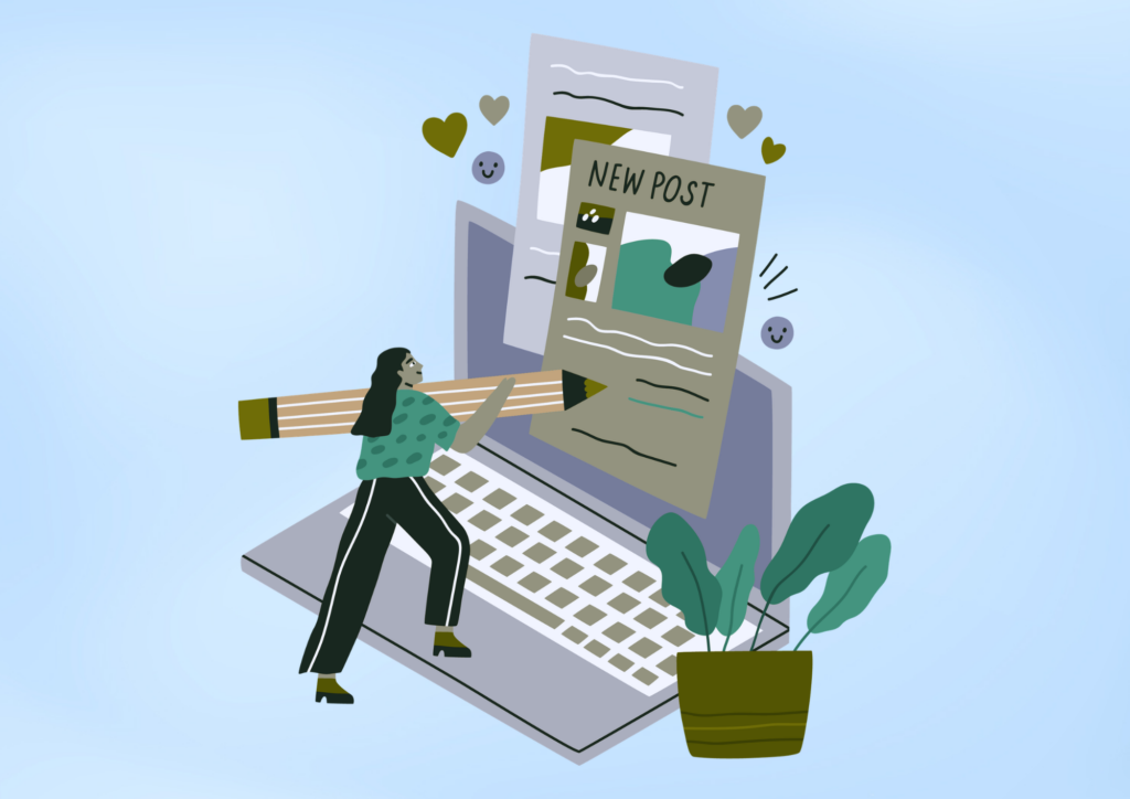 Donna con una matita gigante in mano crea contenuti di qualità come post, creatività e grafiche su un pc verde e azzurro