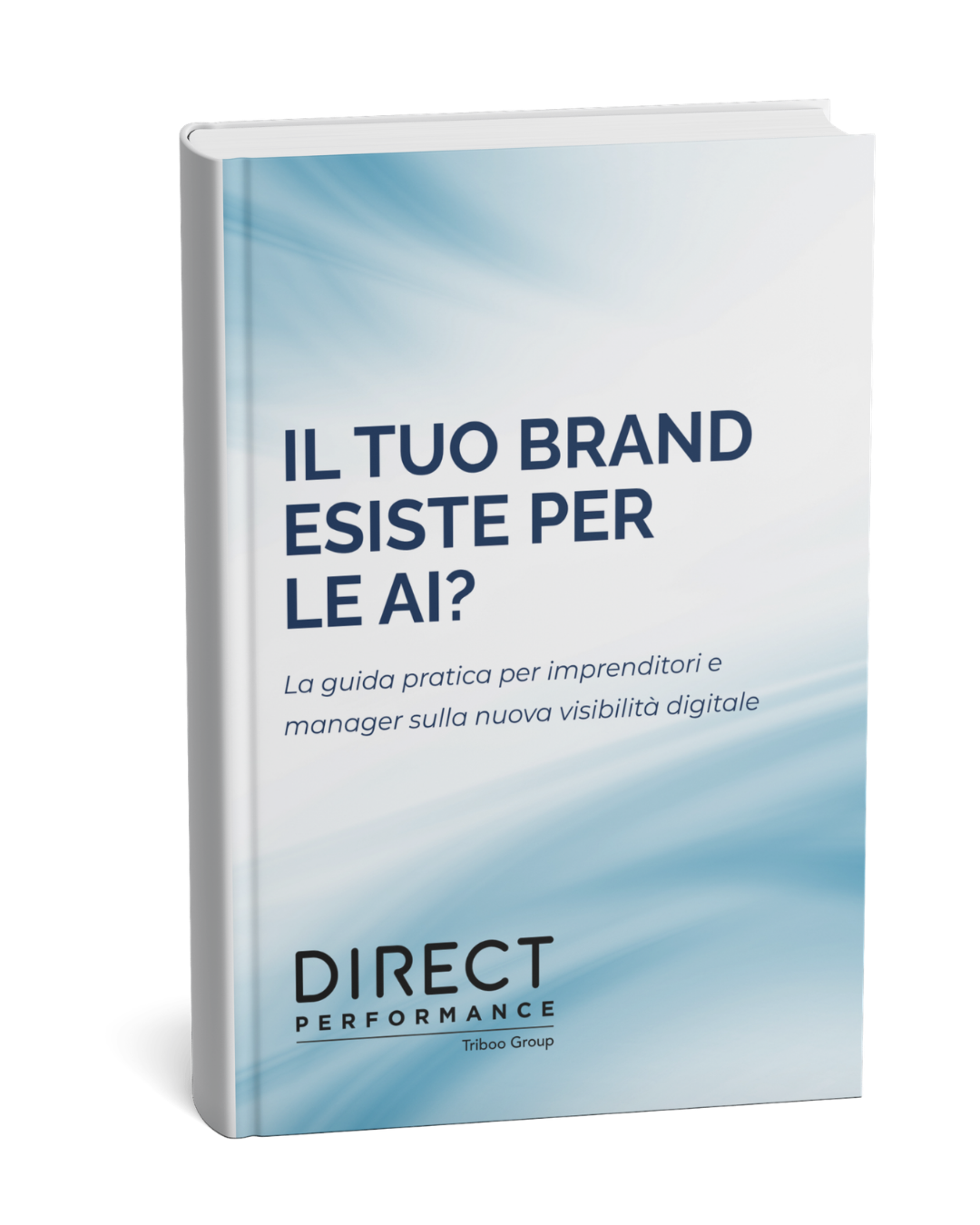 Libro bianco e azzurro gigante con titolo "il tuo brand esiste per le AI?"