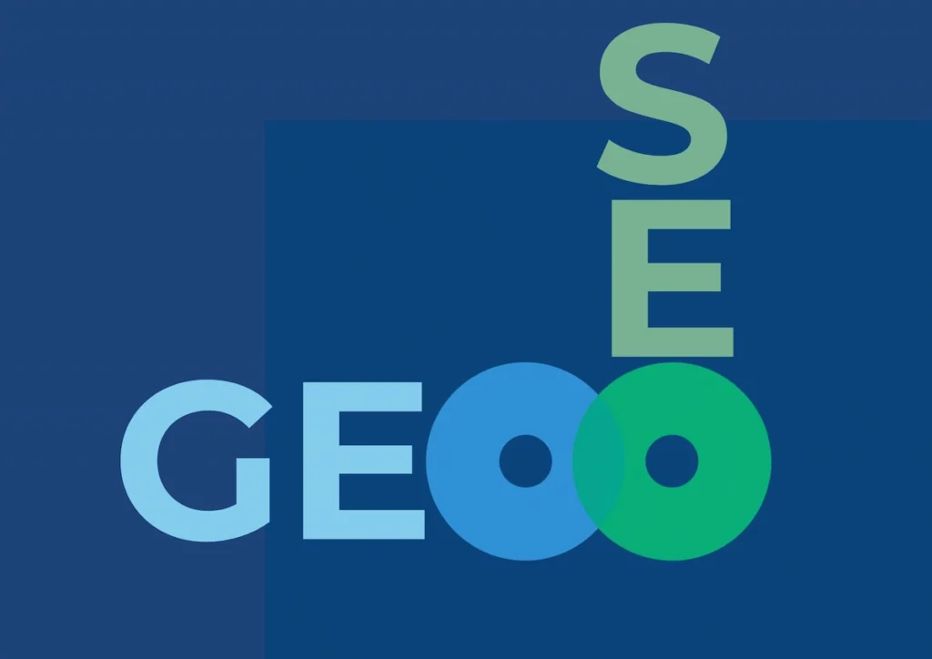 Parole GEO e SEO giganti in verde e blu
