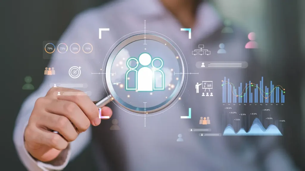 Icona delle persone con elementi di analisi e visualizzazione dei dati, che rappresentano l'analisi dei clienti, la ricerca del pubblico di destinazione, la strategia di marketing, il processo decisionale basato sui dati per una crescita aziendale sostenibile