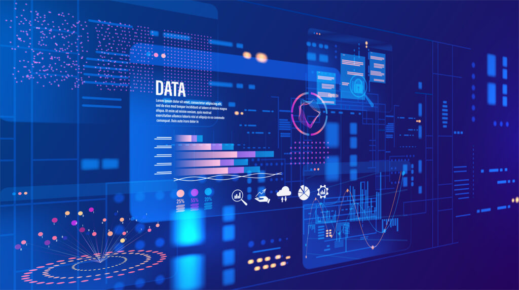 Interfaccia astratta del cruscotto di visualizzazione dell'analisi dei big data. Background futuristico di tecnologia digitale per la scienza dei dati, la business intelligence, l'apprendimento automatico e l'innovazione.