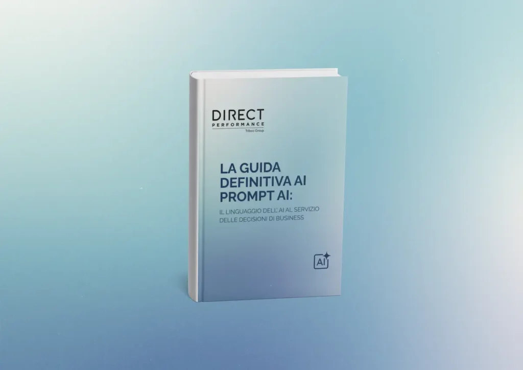 Libro gigante blu e bianco dal titolo "La Guida definitiva ai Prompt AI, l'arte del prompting strategico"