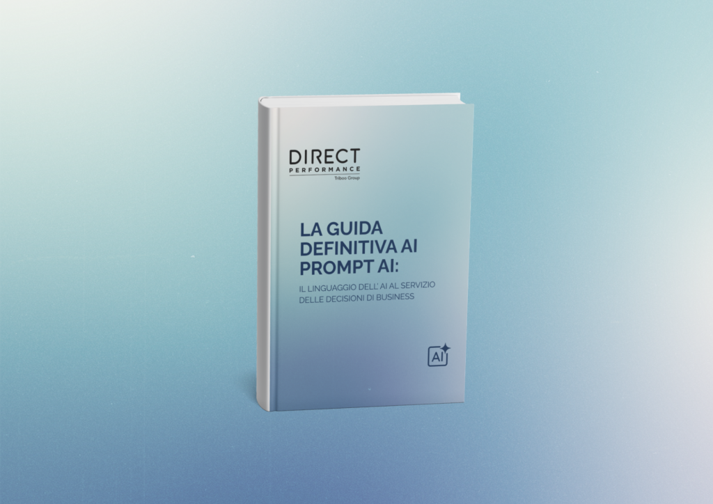 Libro gigante blu e bianco dal titolo "La Guida definitiva ai Prompt AI, l'arte del prompting strategico"