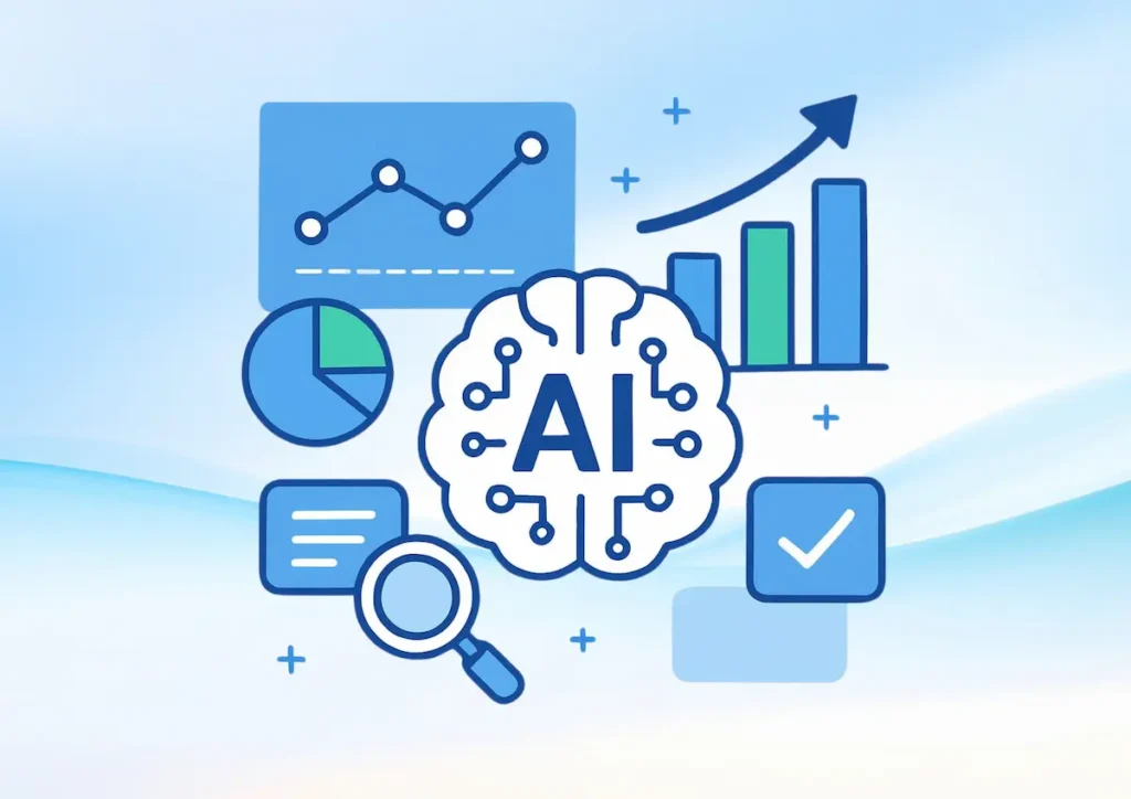 Metriche di analisi AI: cervello, grafici, lente di ingrandimento, grafico a torta, spunta