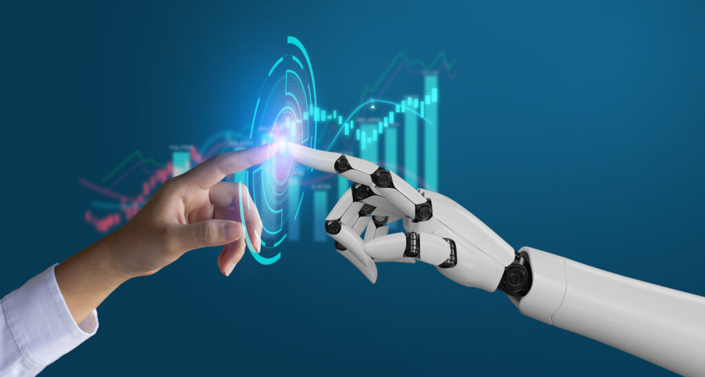 AI, Machine learning, mano robot ai intelligenza artificiale assistenza umana che tocca sullo sfondo della connessione alla rete di big data, scienza intelligenza artificiale tecnologia, innovazione e futuristico