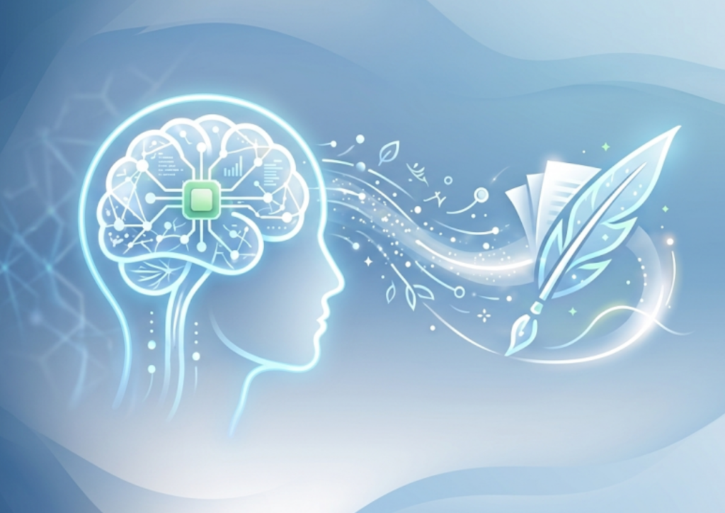 Illustrazione concettuale di AI-first content marketing in stile luxury minimalista, con il profilo stilizzato di una testa umana nei toni del blu e del bianco, un cervello robotico con microchip verde e una penna d'oca azzurra che simboleggia la creazione di contenuti digitali.