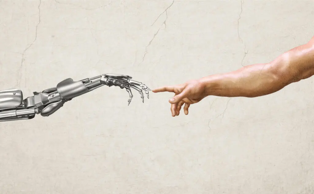 Illustrazioni di dipinti d'arte 3D di mani umane e robotiche, stile di antiche opere d'arte ad olio rinascimentali.