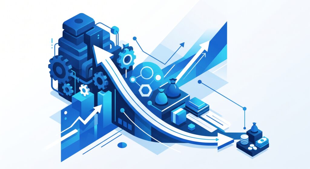 Illustrazione isometrica nei toni del blu e bianco che rappresenta la riduzione dei costi e l'efficienza aziendale tramite grafici, ingranaggi e frecce orientate verso il basso.