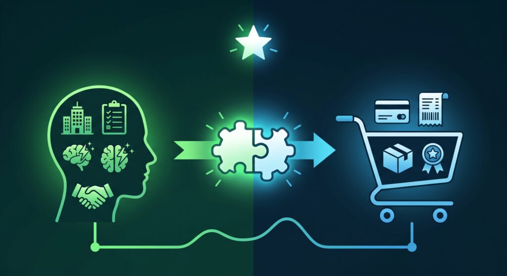 Grafica concettuale in verde e blu che illustra l'unione tra parametri di Lead Generation e carrello E-commerce tramite il simbolo del puzzle