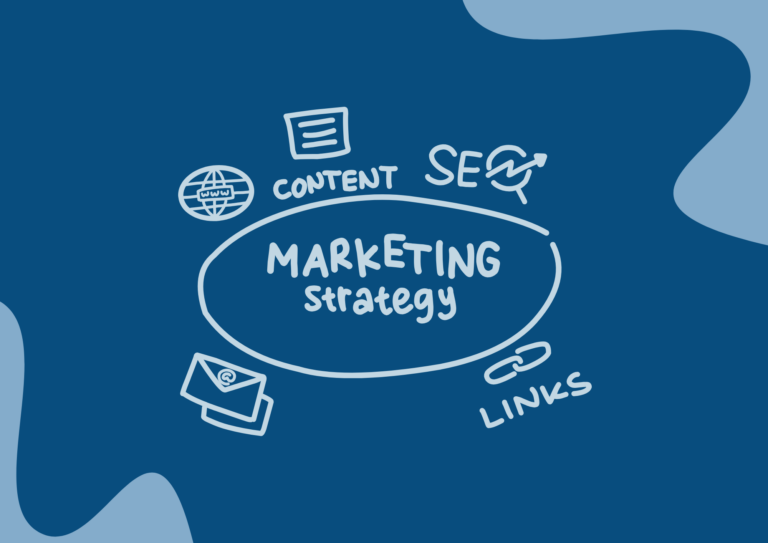 Concetto astratto di marketing strategy blu e azzurro con uno schema e disegni.