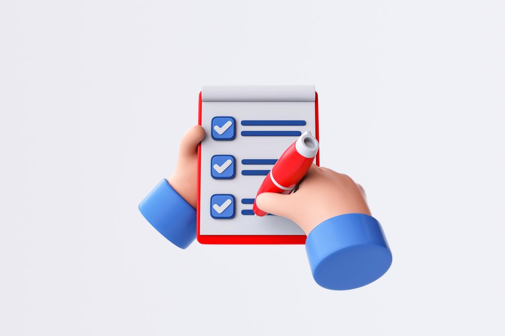 Rendering 3D della checklist su appunti, mano e matita.